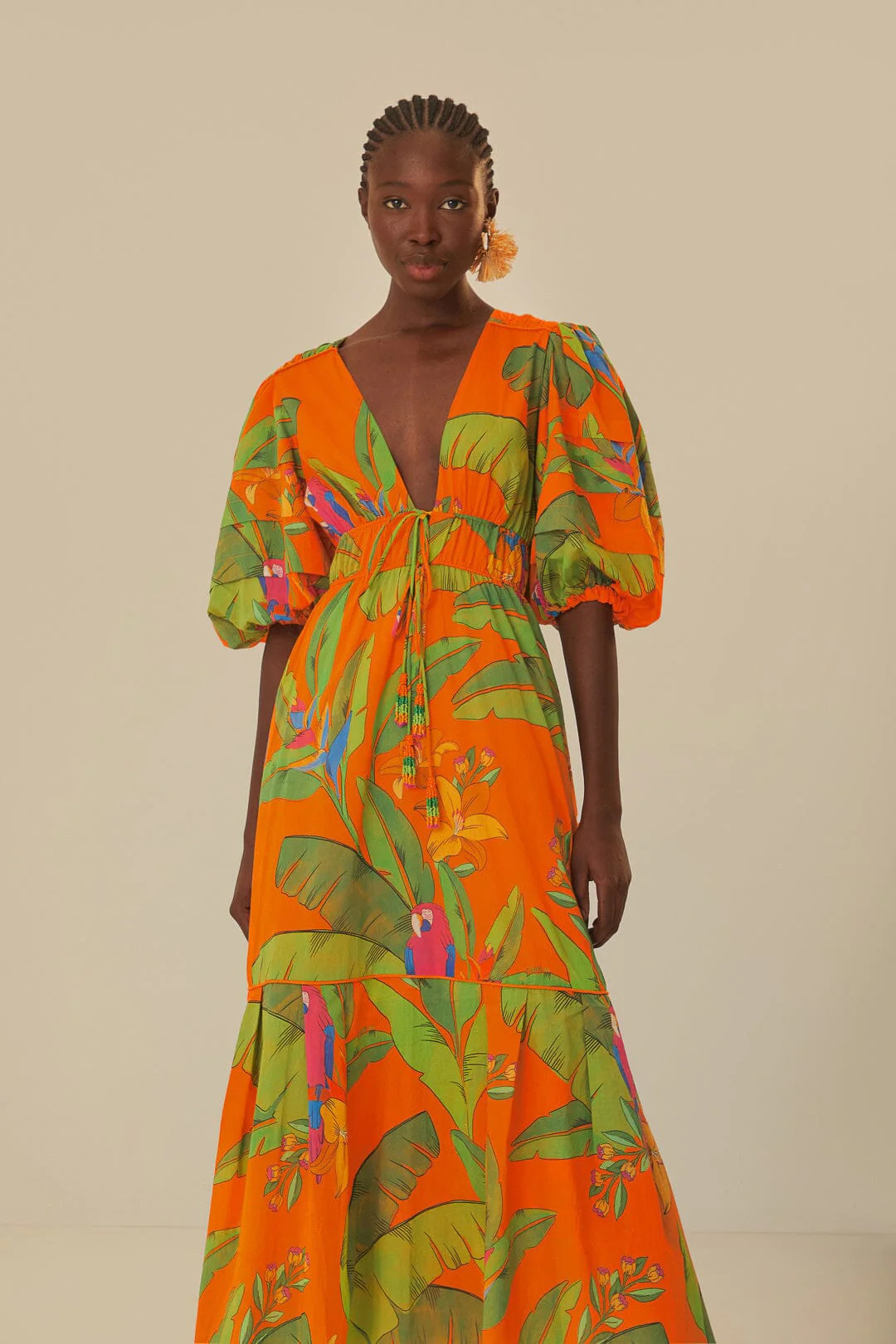 Orange Fresh Macaws Midi Dress | FarmRio (US)