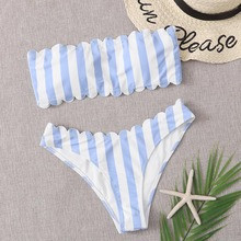Striped Scallop Trim Bandeau Bikini Swimsuit | SHEIN