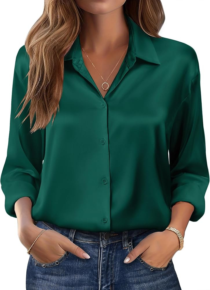 Zeagoo Womens Tops Long Sleeve Satin Silk Button Down Shirts Dressy Blouses | Amazon (US)