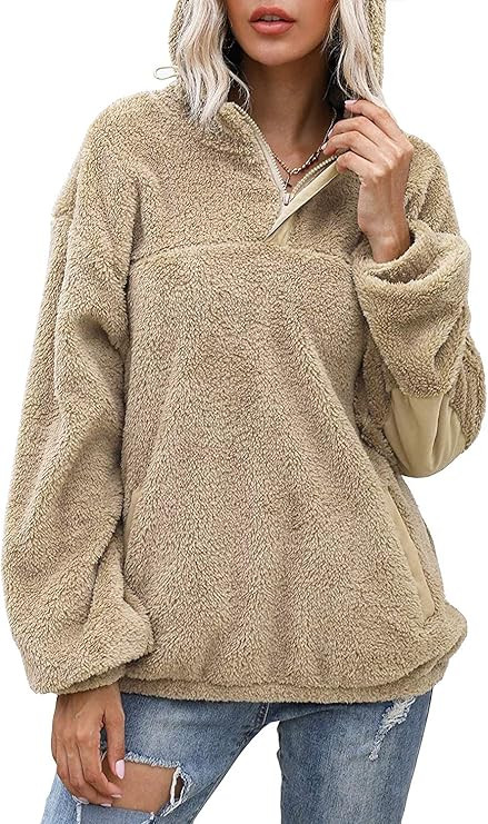 Yanekop Womens Oversized Hoodies Sherpa Sweatshirts Fuzzy Fleece Pullover Fluffy Outerwear with Pock | Amazon (US)