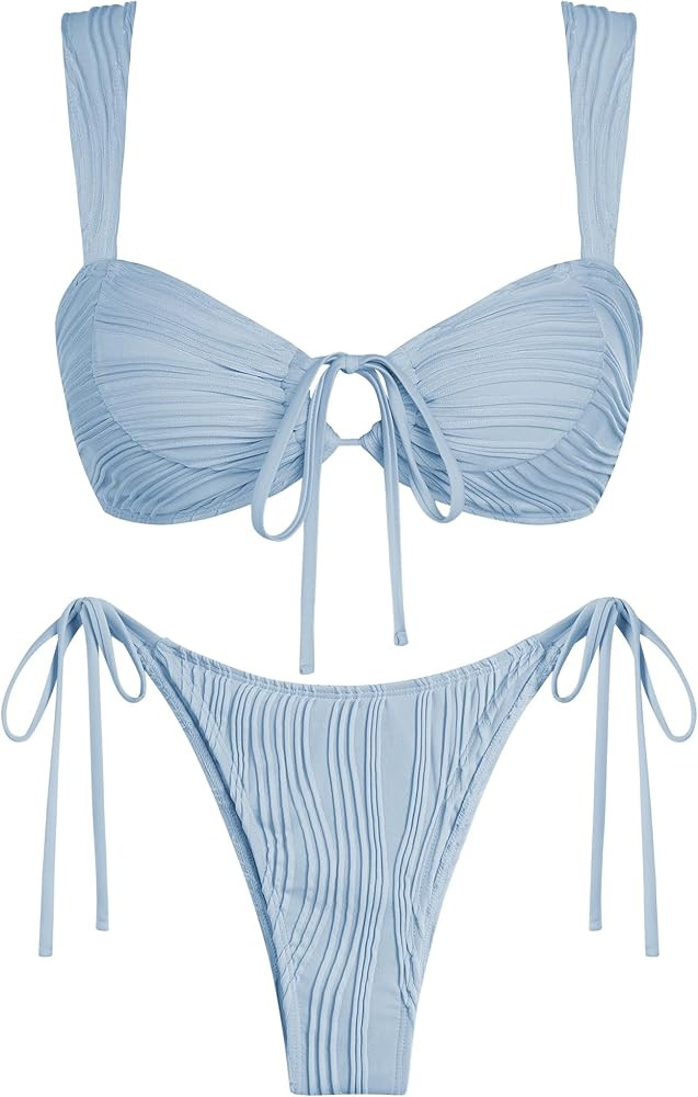 ZAFUL Womens Texture Bikini Sets Knot Front O Ring Tie Wide Straps Swimsuits 2 Pieces String Bath... | Amazon (US)