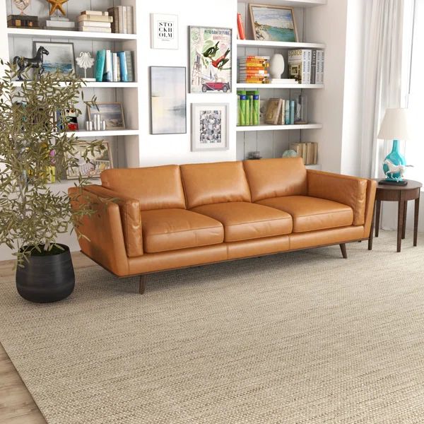 Lidia 89'' Mid-Century Modern Furniture Comfy Genuine Leather Sofa | Wayfair North America