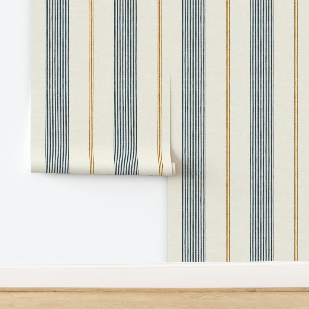 (large scale) Ivy Stripes - Vertical Dark Blue/Gold on Cream - LAD22 Wallpaper | Spoonflower | Spoonflower