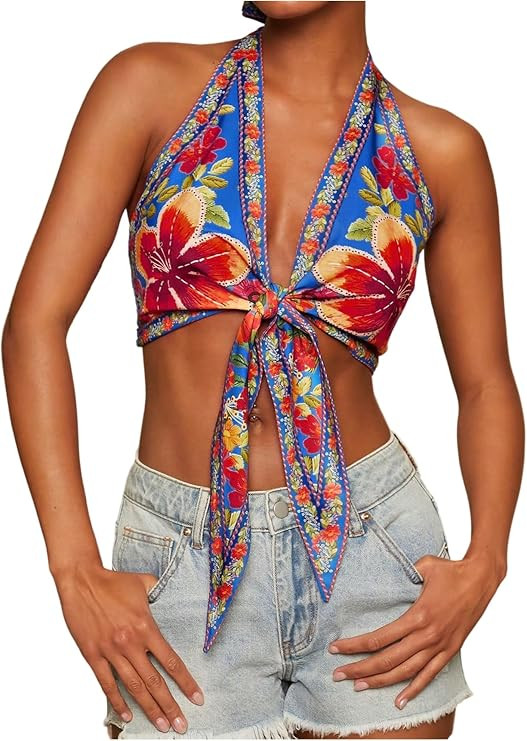 Floerns Women's Summer Floral Halter Tops Tie Front Backless Beach Vacation Crop Tops | Amazon (US)