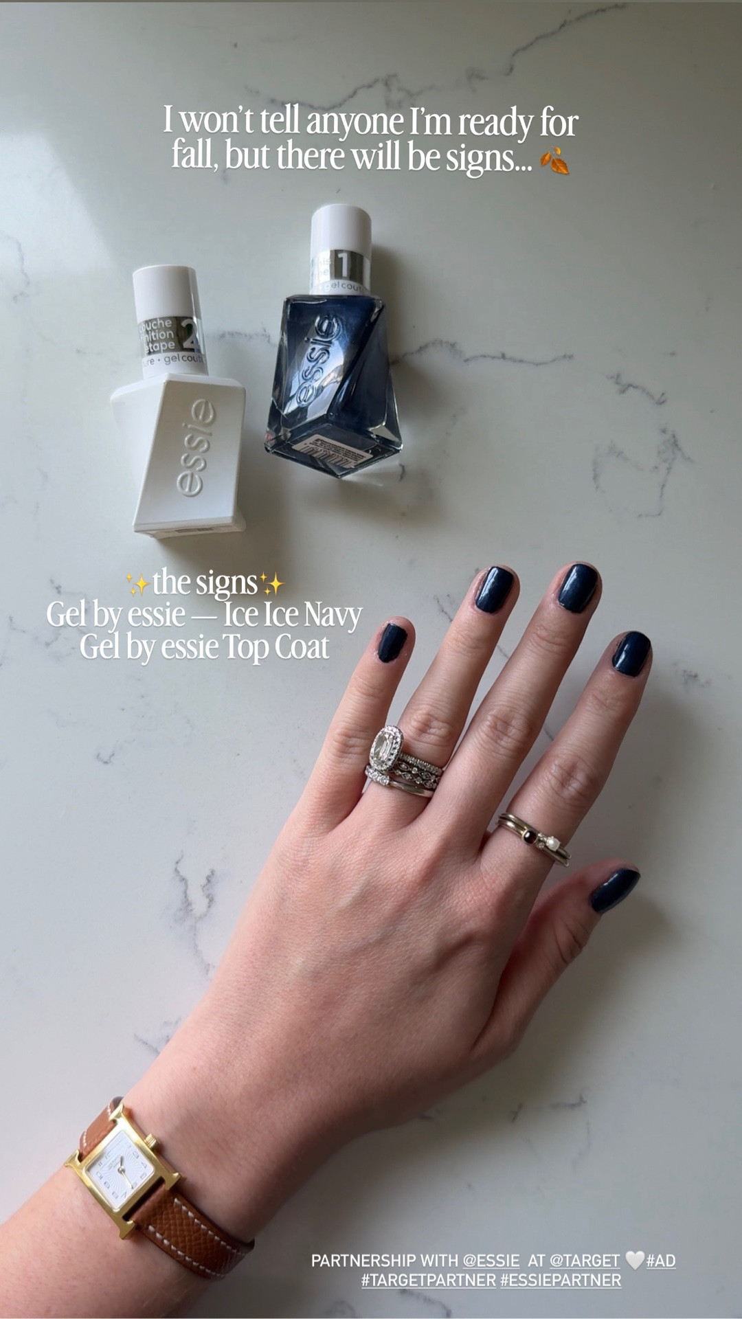 I partnered with @target and @essie just in time for a seasonal nail refresh. And I found the perfect Gel by essie fall shades.  Ice Ice Navy is a beautiful pearly sapphire blue. Just two coats followed by the Gel by Essie Shiny Top Coat gives you that high-shine gel manicure finish, right at home. #ad #targetpartner #essiepartner