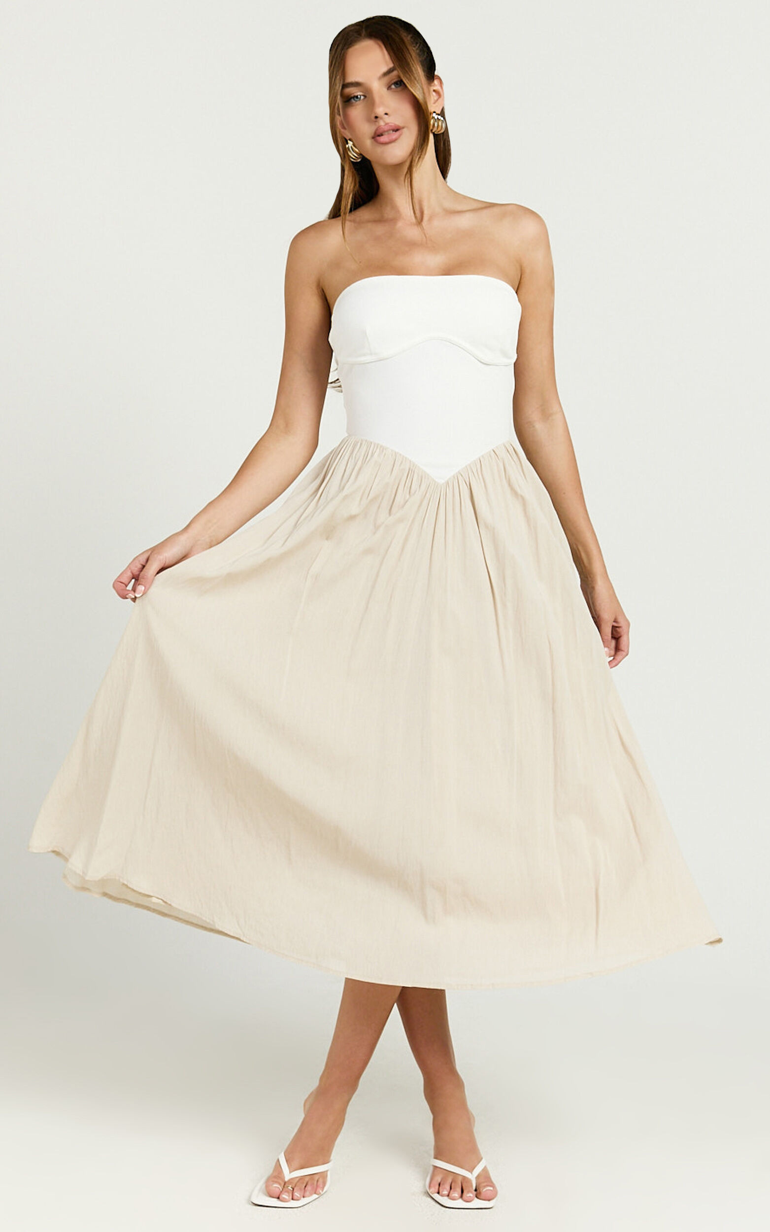 Helen Midi Dress - Drop Waist Strapless Dress in White & Beige | Showpo (US, UK & Europe)