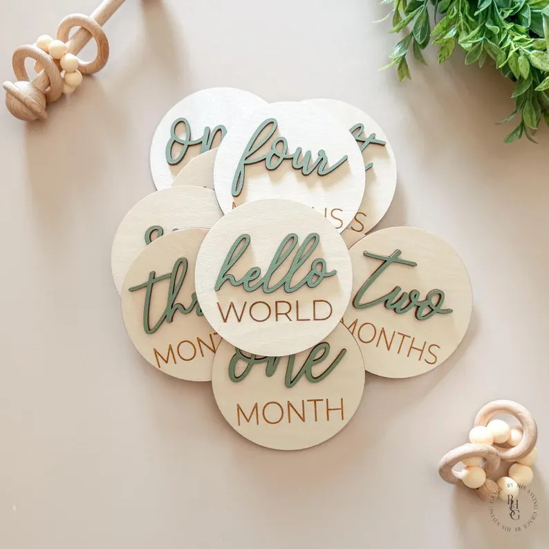 Wooden Monthly Milestone Discs With 3D Letters For Baby Photos | Monthly Milestone Marker | Miles... | Etsy (Global)