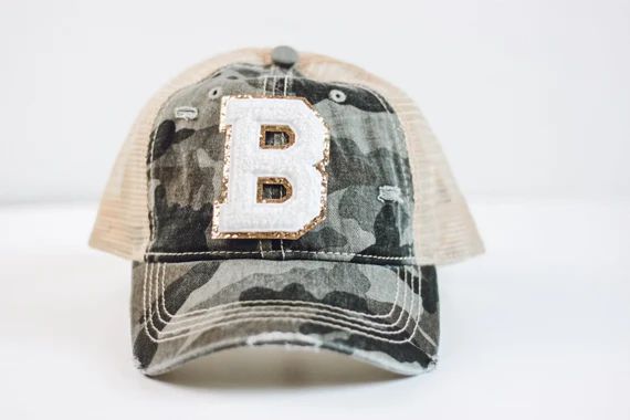 Monogrammed Distressed Camo Hat with Chenille Patch  CC | Etsy | Etsy (US)