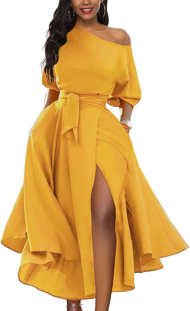 Women’s Elegant Off Shoulder Short Sleeve Belted Side Slit Cocktail Party Swing Dress with Pock... | Amazon (US)