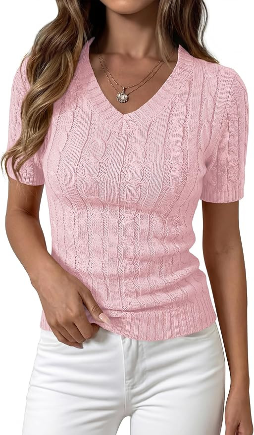 PRETTYGARDEN Womens Summer Short Sleeve Sweater Cable Knit V Neck Sweaters Shirts Fitted Work Top... | Amazon (US)
