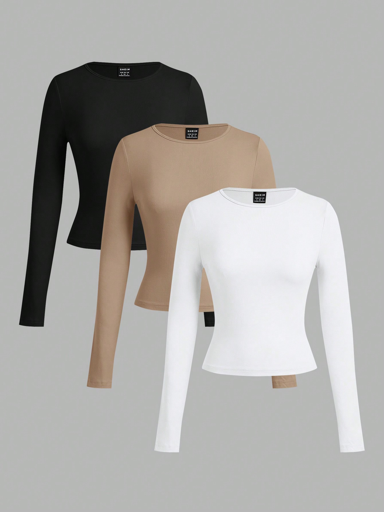 SHEIN EZwear 3pcs/Set Women Casual Wide Neck Fitted Long Sleeve T-Shirt Set In Black, White And G... | SHEIN