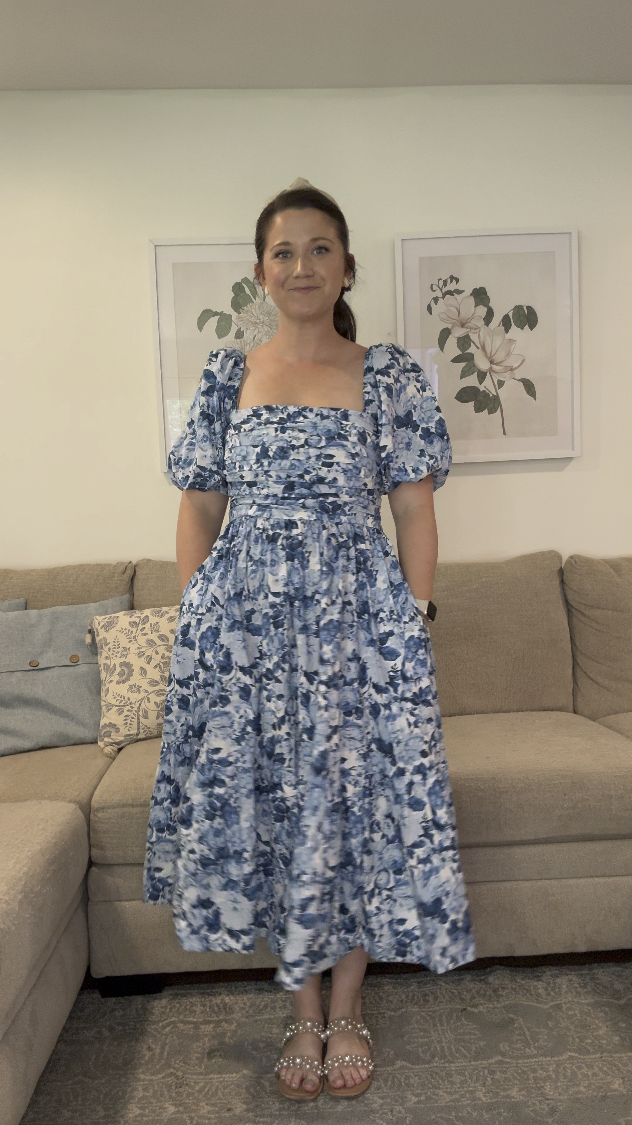 Blue and white poplin dress. Midi dress. Wedding guest dress. Baby shower 