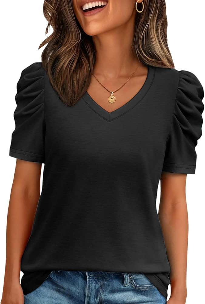 ATHMILE Womens Blouse Dressy Casual V Neck Puff Short Sleeve Tshirts Boho Fashion Summer Spring T... | Amazon (US)