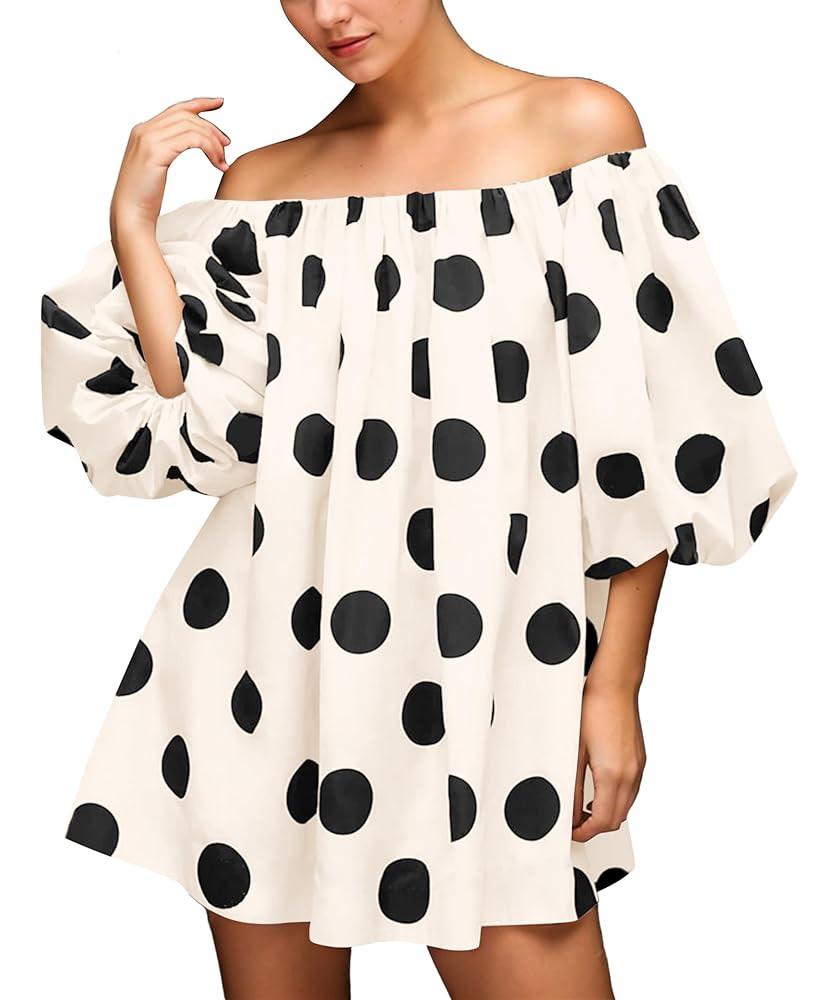Meladyan Women's Off Shoulder Polka Dot Mini Dress Casual Puff Sleeve Loose Blouse Mini Dress Bea... | Amazon (US)
