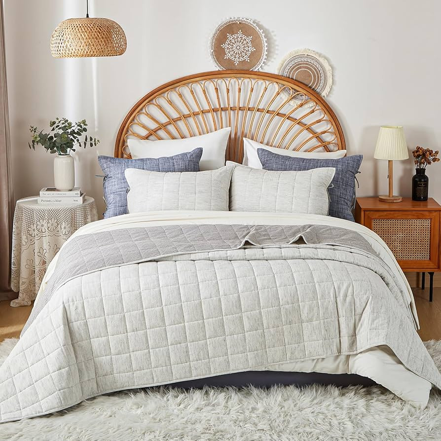 White Quilts Queen Size， Cotton Linen Bedspreads Queen Size，3-Pieces Queen Quilt Set with Gre... | Amazon (US)