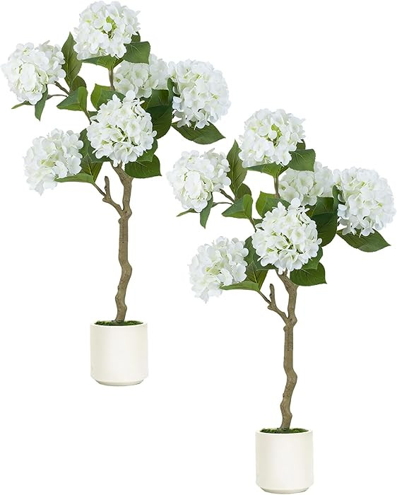 BLOSMON White Hydrangea Fake Tree: 2pc 39 Inch Artificial Silk Plants for Home Living Room Decor ... | Amazon (US)