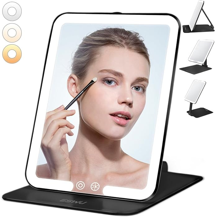 ESWU Travel Makeup Mirror with Light, Portable Folding Make Up Tabletop Mirror with 58 LEDs 3 Colors Light Modes Rechargable Compact Vanity Mirror with Adjustable Stand (Black) | Amazon (US)