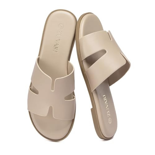 ZUVARI Open Toe Sandals for Women Nude Slide Cute Flat Sandals Comfortable Slides for Summer Dressy Look Nude 9.5 | Amazon (US)