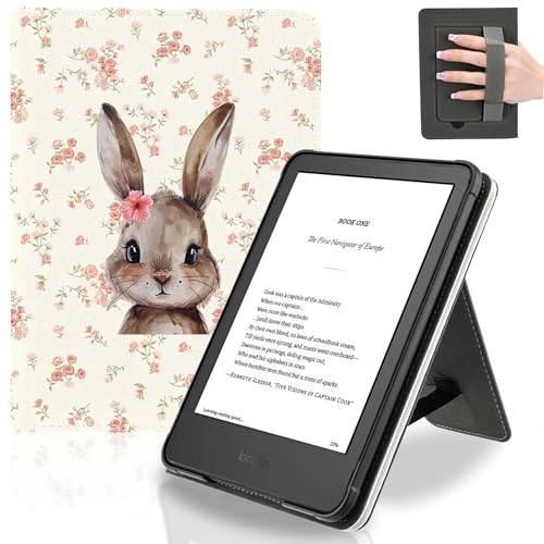 Idocolors Cute Floral Bunny Case for 7" Kindle Paperwhite (12th Gen-2024), Slim Foldable Stand Pu Leather Case with Hand Strap for Kindle Paperwhite 2024 | Amazon (US)