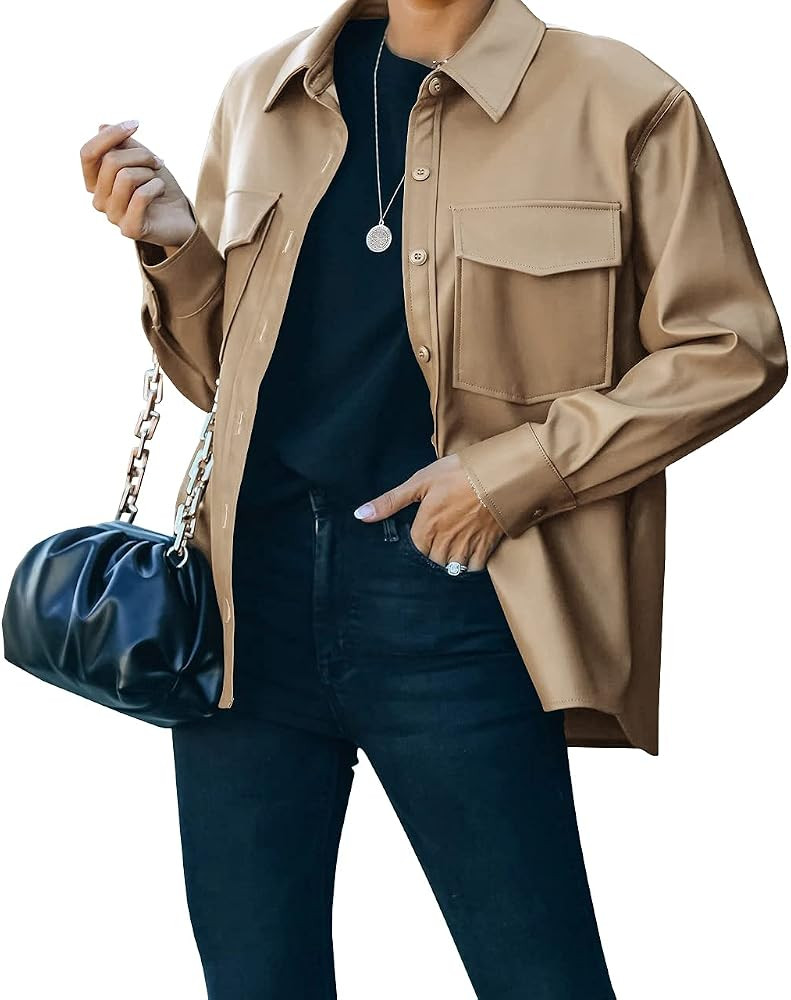 FERNGIRL Womens Button Front Faux PU Leather Jacket Shacket Casual Shirt Long Sleeve Blazer Coat ... | Amazon (US)
