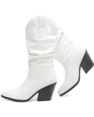 HEAWISH Women's Mid-calf Boots with Heel，Black Boots for Women Mid Calf High Heel Boots，Chunk... | Amazon (US)