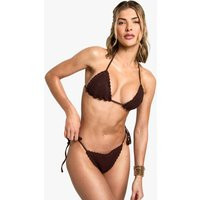 Womens Crochet Triangle Bikini Top & Tie Side Bikini Bottoms Set - Brown - S | boohoo (US & Canada)