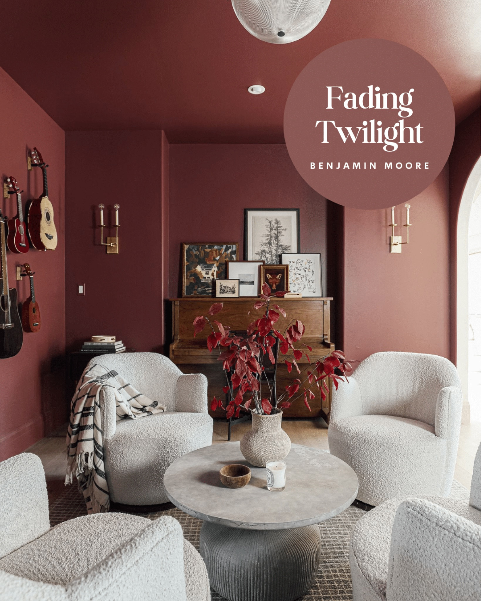 Save this paint color for later 💋

Music room, boucle swivel chairs, coffee table, piano, art, rug, guitars, sconces