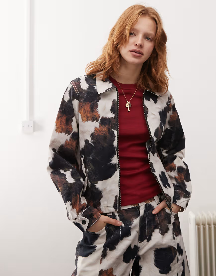 Reclaimed Vintage cow print zip up jacket co-ord-Brown | ASOS (Global)