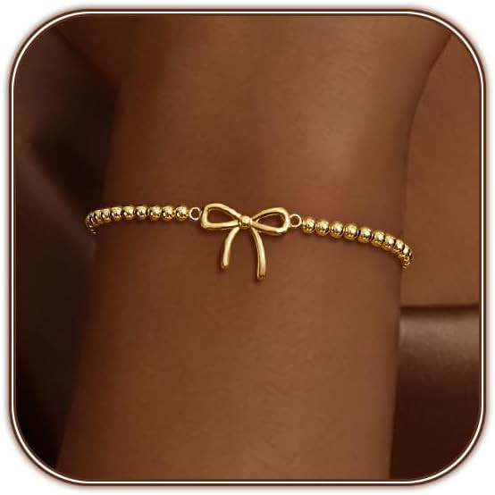 Bow Bracelets for Women 14K Gold Plated Beaded Stretch Bracelets Cute Charm Bracelet Dainty Ball Trendy Jewelry Easter Gifts for Women Mom | Amazon (US)