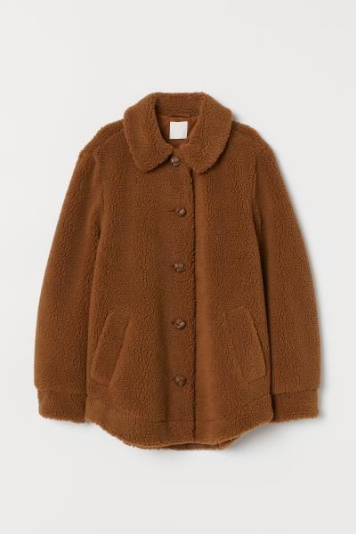Pile jacket with a collar - Brown - Ladies | H&M GB | H&M (UK, MY, IN, SG, PH, TW, HK)