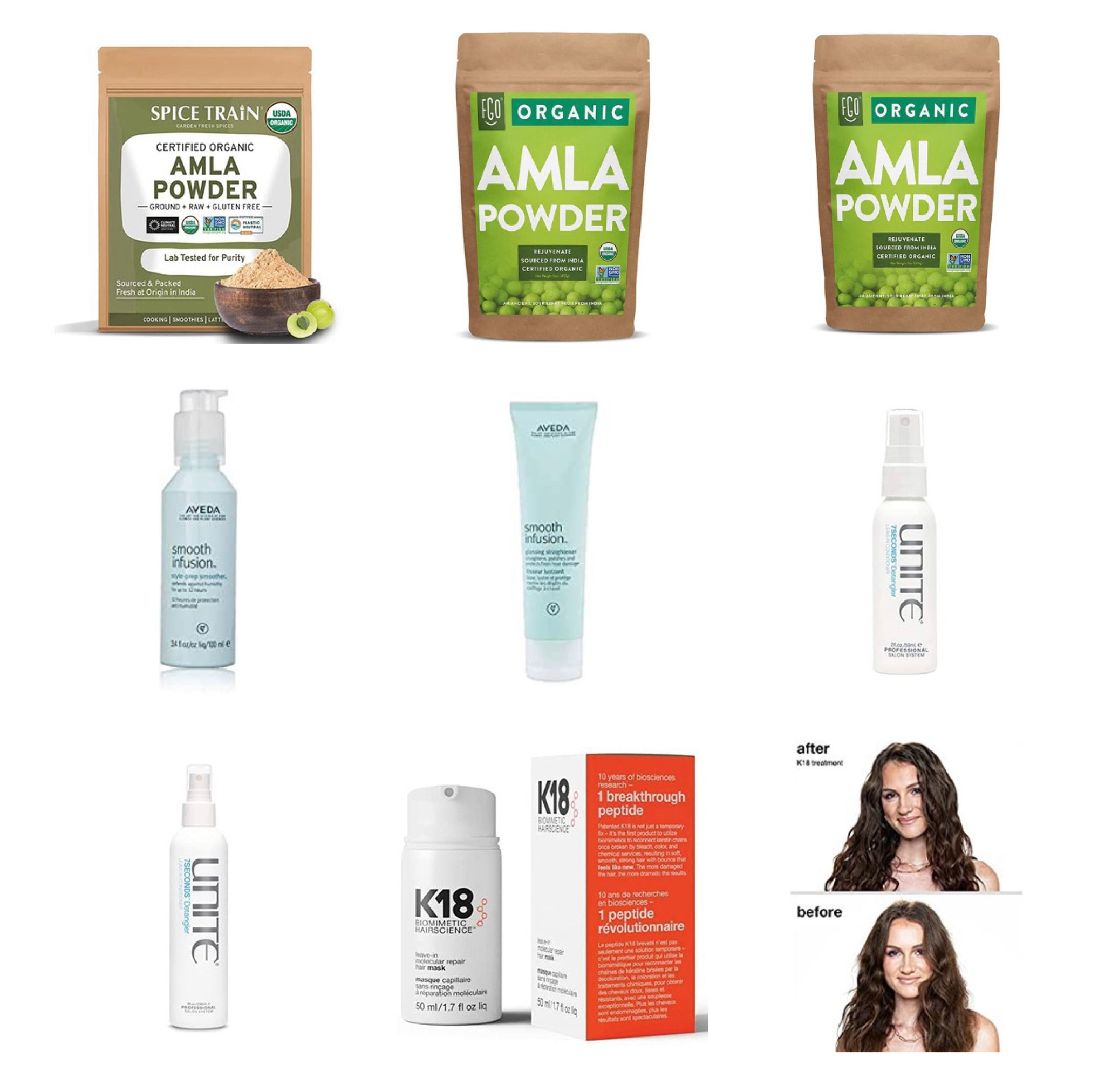 My favorite hair care products. K18 hair mask. Unite detangle spray. Aveda smooth infusion with vitamin D. Amla powder organic powder you can add to your smoothies. Healthy hair products. Color wow dream coat spray. Nails cuticle oil to go: 

#LTKU #LTKbeauty #LTKunder50