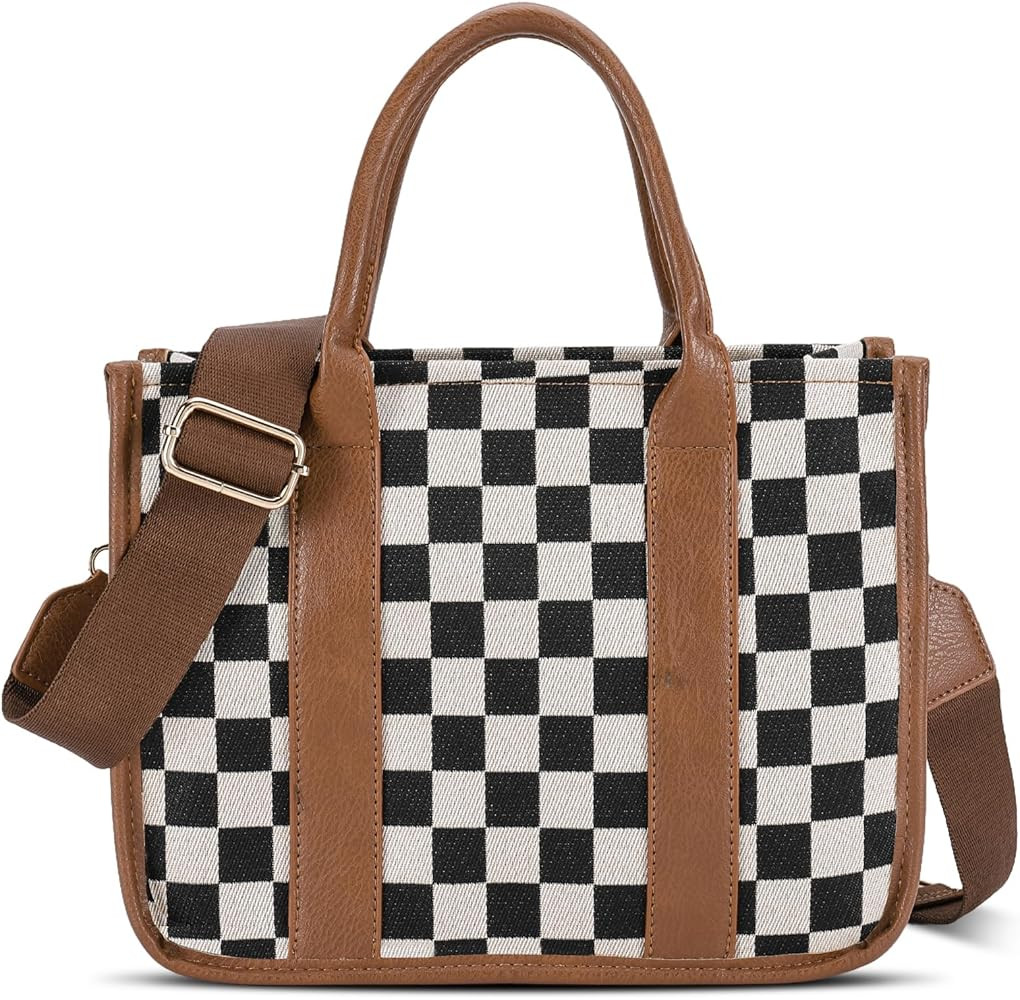 hibear Checkered Crossbody Bag for Women,Canvas Work Tote Handbags Checkered Purse Black and Whit... | Amazon (US)