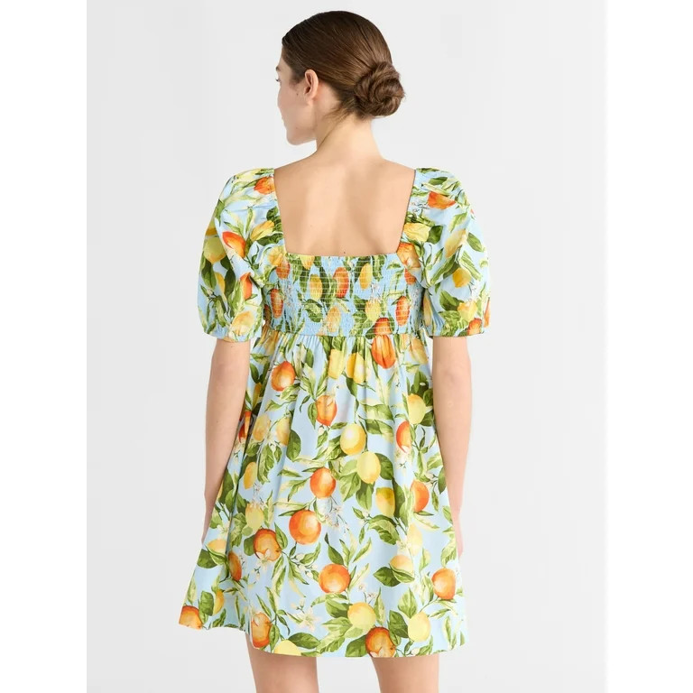 Free Assembly Women's Shirred Cotton Mini Dress with Puff Sleeves, Sizes XS-XXXL | Walmart (US)