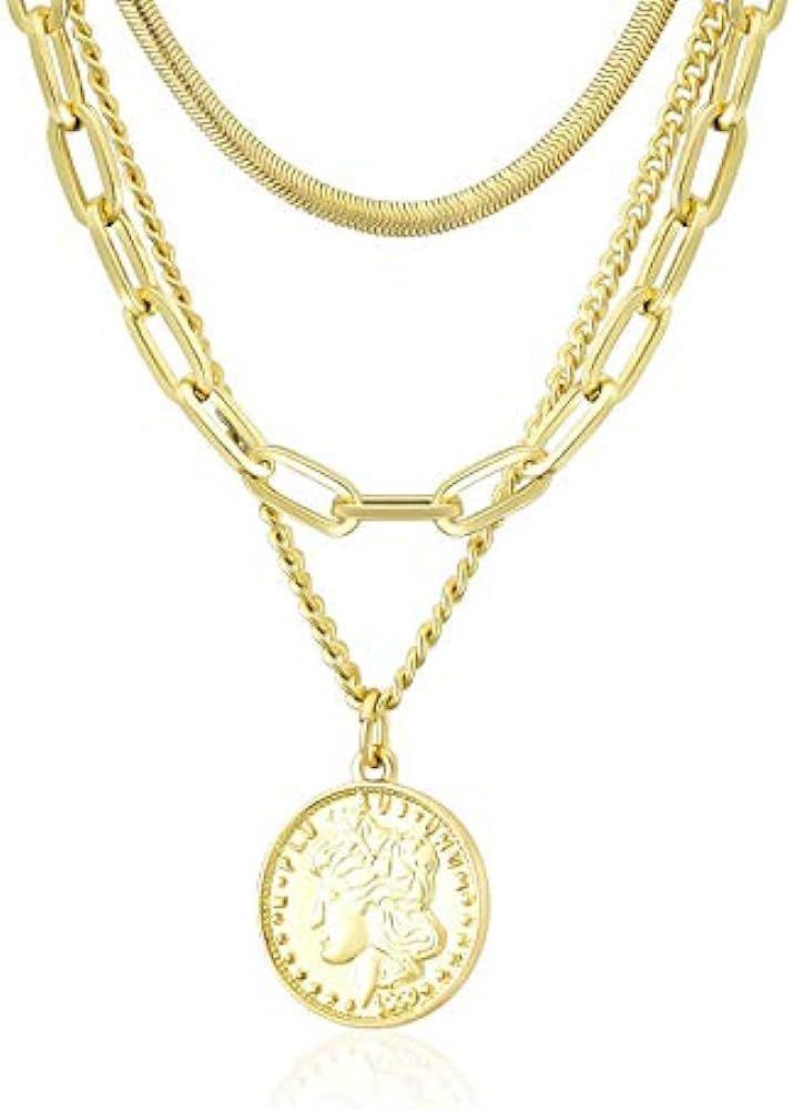 LANE WOODS Layered 18k Gold Plated Necklaces for Women - Multilayer Coin Medallion Pendant Neckla... | Amazon (US)