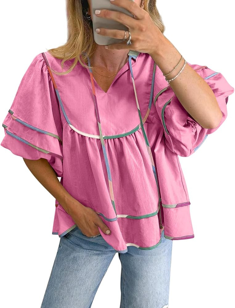 Cicy Bell Womens Summer Babydoll Tops V Neck Short Lantern Sleeve Shirts Cute Loose Fit Peplum Fl... | Amazon (US)