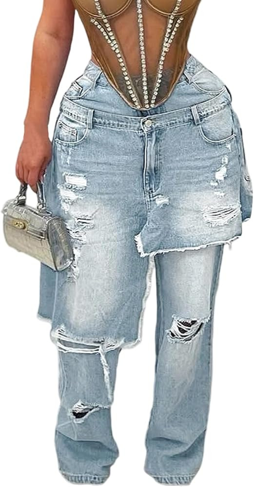 LKOUS Women's Ripped Baggy Jeans High Waist Wide Leg Patchwork Distressed Cutout Stretchy Denim P... | Amazon (US)
