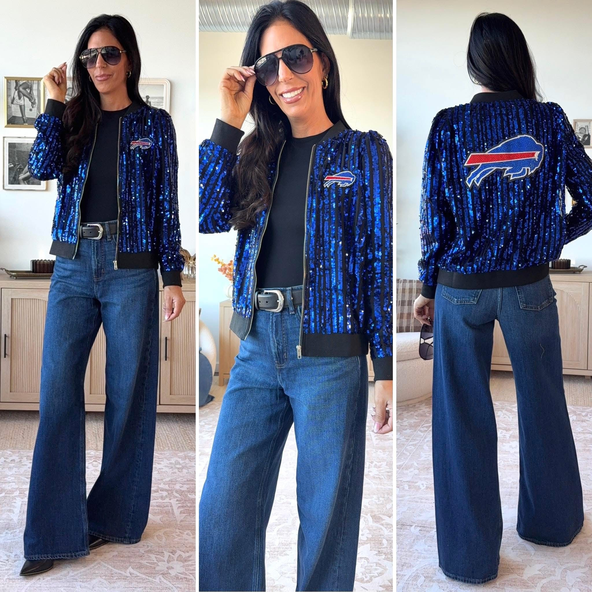 Free shipping today 

This sequins NFL jacket is stunning!!!! 
I am in a medium so I did size up one size
Welcome2025 get it to you for $85 right now! 
Jeans are a 2 long 

#LTKSaleAlert #LTKU #LTKTall