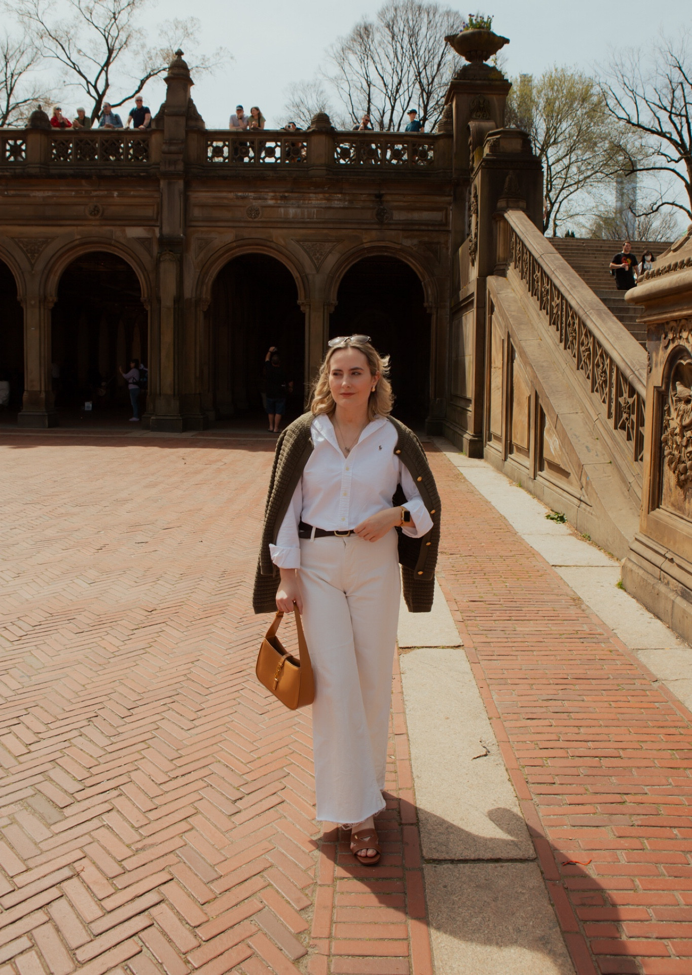 The Terrace ☀️ nyc, New York looks, Central Park, all white, green cardigan, wide jeans, petite jeans, ysl bag, brown bag, neutral looks, neutral style, midsize style, old money, Ralph lauren

#LTKtravel #LTKmidsize #LTKeurope
