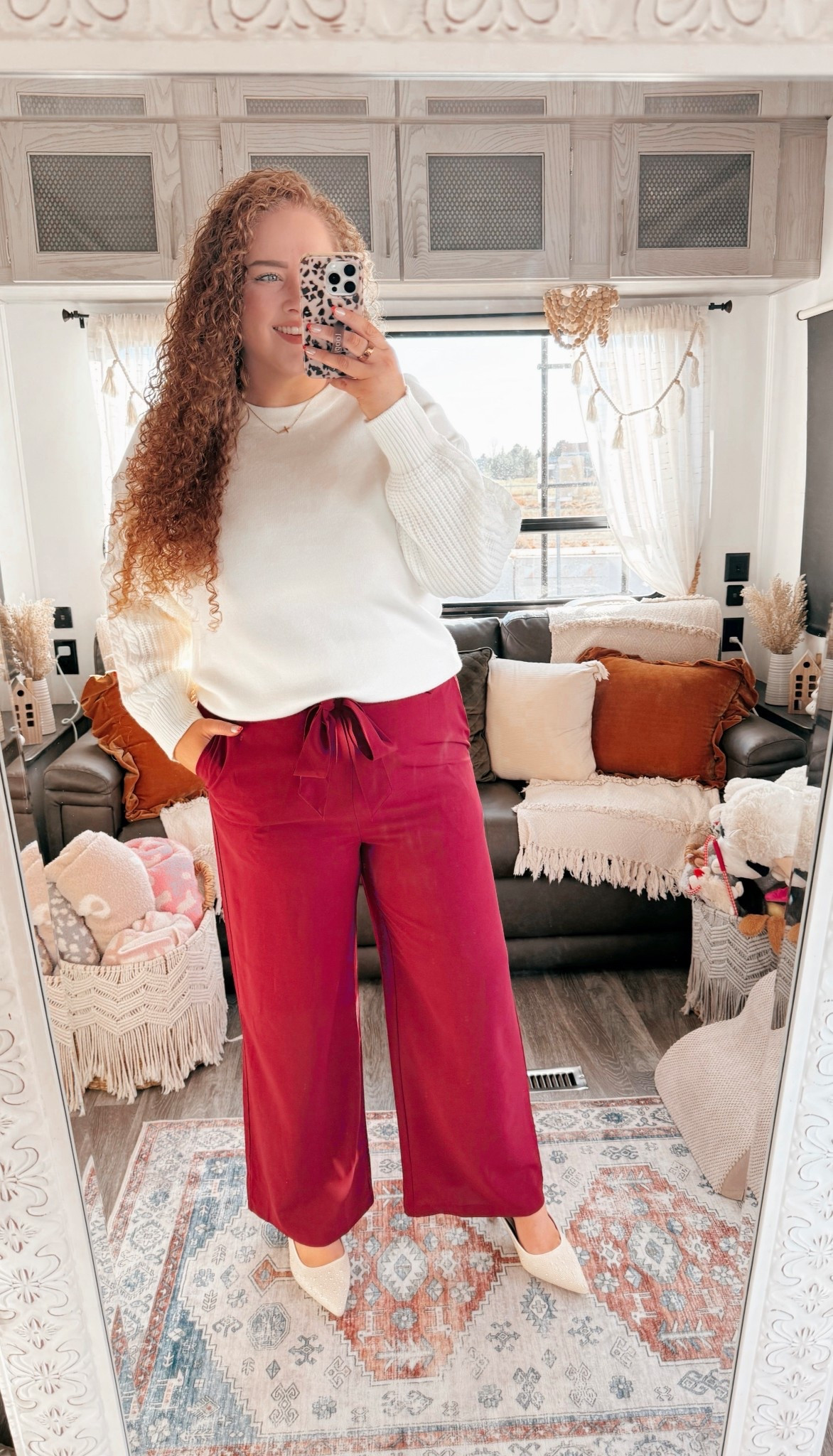 Cozy layers and a little holiday polish ✨ Slipped into something simple but still feels put together for all the end of year plans. 👏 It’s that time where everything needs to be cute and comfortable, and this look does both. Saving it here so you can grab it for any holiday moment coming up 🎁❤️ white sweater | amazon white sweater | winter white sweater | cozy white sweater | holiday white sweater | berry red pants | red dress pants | amazon red dress pants | palazzo pants | holiday palazzo pants | red wide leg pants | dressy red pants | pearl heels | slingback heels | pearl slingback heels | holiday outfit | christmas outfit | holiday event outfit | christmas party outfit | office holiday party outfit | holiday office outfit | work christmas outfit | dressy holiday outfit | christmas dinner outfit | holiday chic outfit | winter event outfit | winter dressy outfit | festive outfit idea | classy holiday outfit | elegant christmas outfit | red and white holiday outfit | seasonal outfit inspo | winter wardrobe staples | holiday style ideas

#LTKootd #LTKHoliday #LTKgrwm
