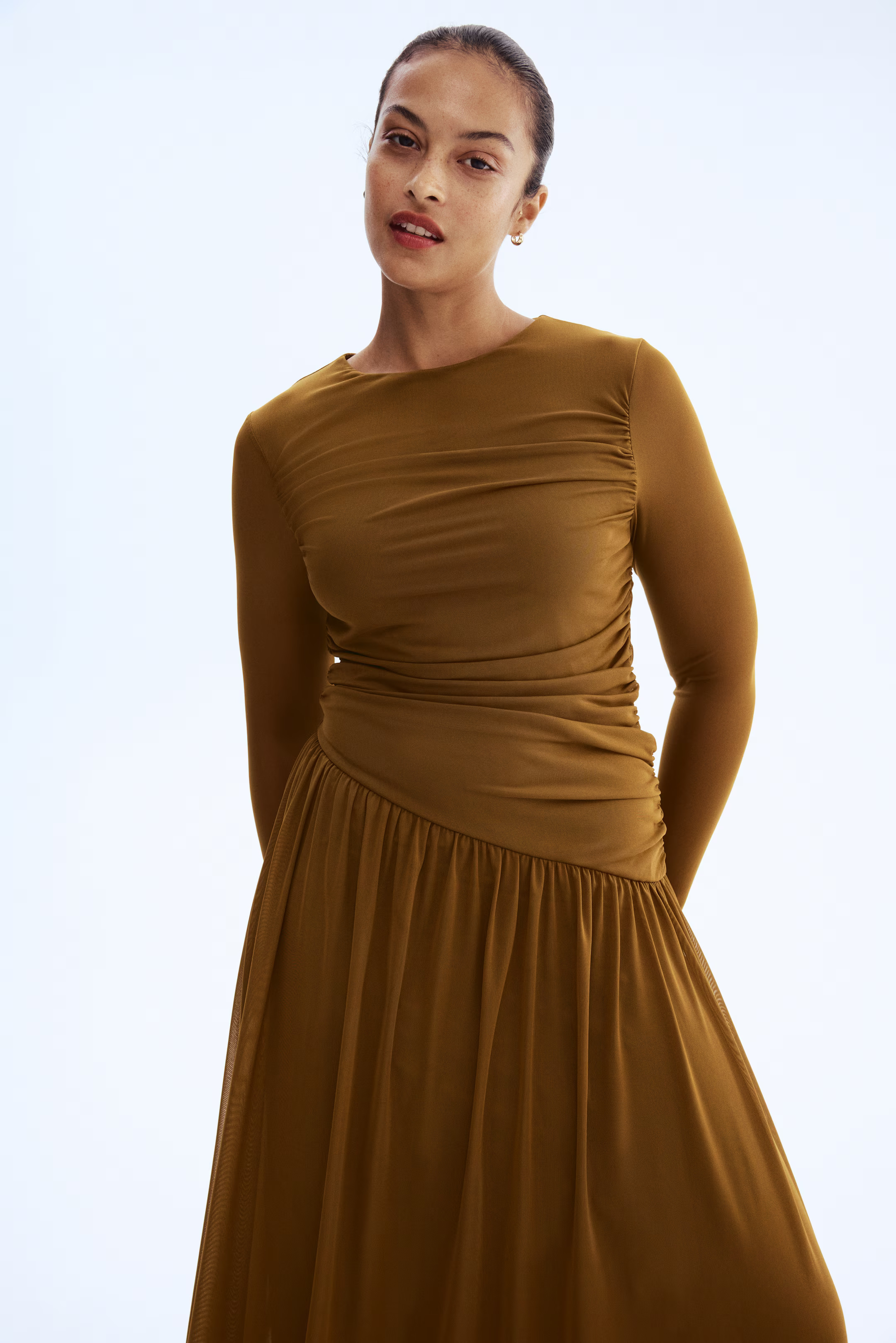Draped mesh dress - Golden olive - Ladies | H&M GB | H&M (UK, MY, IN, SG, PH, TW, HK)