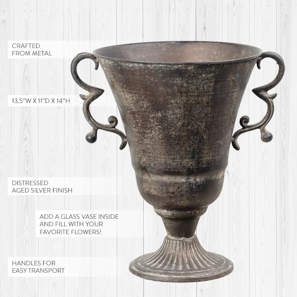 LARGE Aged Metal Pedestal Urn Vase | Decor Steals