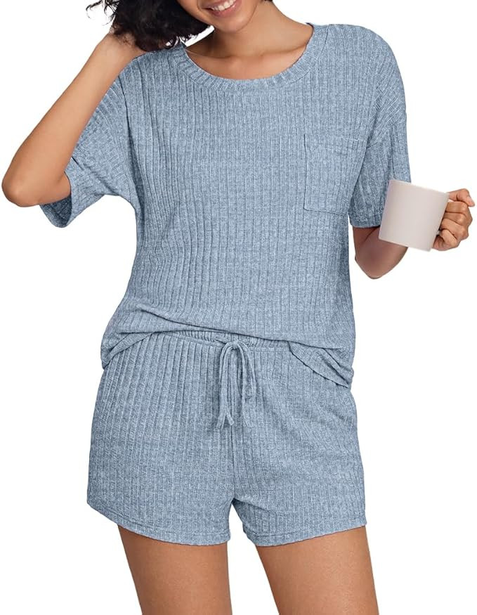 PrinStory Womens Pajama Sets Ribbed Knit Lounge Set Pjs for Women Short Sleeve Top and Shorts Sle... | Amazon (US)