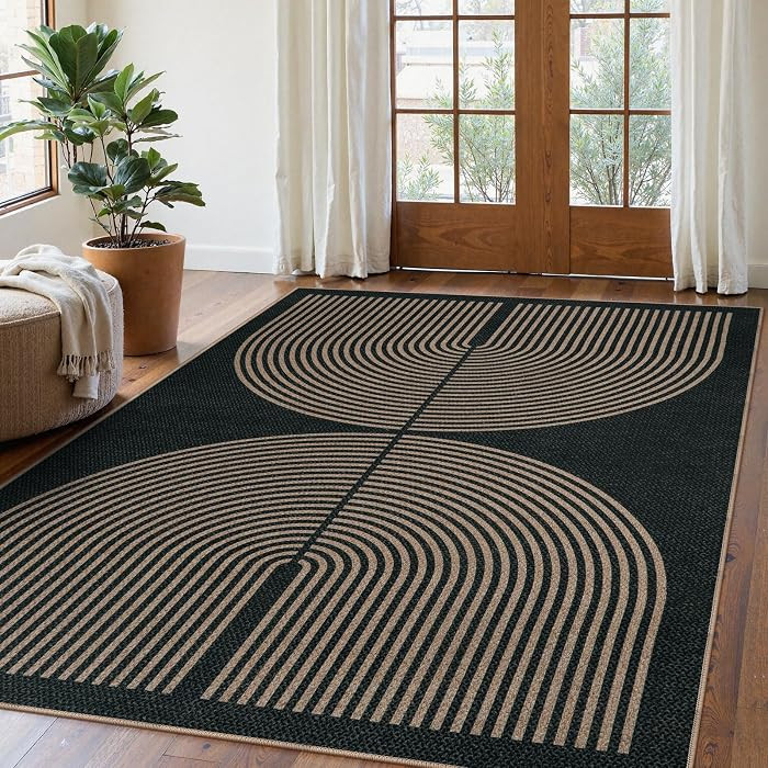 Lahome Modern Rainbow Easy Jute Carpet, Washable 5x7 Area Rugs for Living Room Patio Black Farmhouse Indoor Outdoor Rugs, Contemporary Natural Non Slip Floor Carpet for Office RV Backyard | Amazon (US)