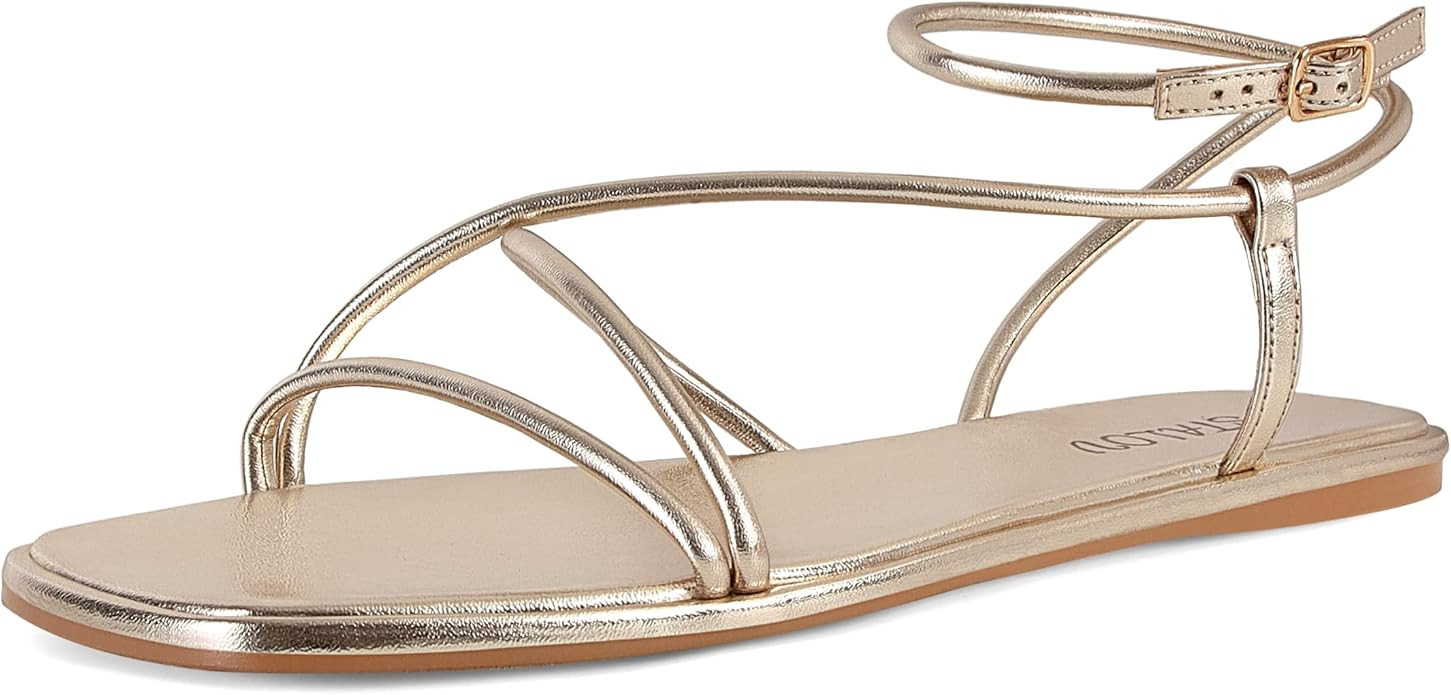 STALOV Strappy Flat Sandals for Women Square Open Toe Leather Ankle Strap Flats Sandals Comfortab... | Amazon (US)