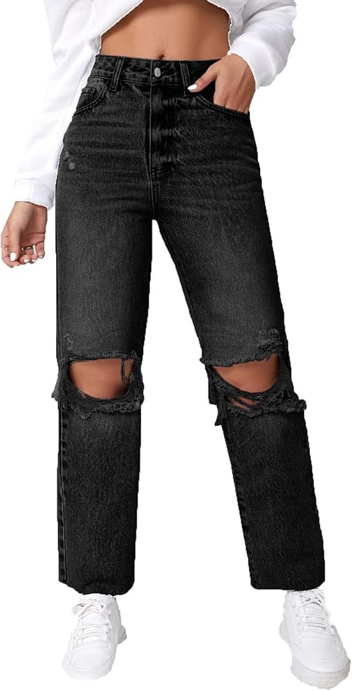 SweatyRocks Women's High Waist Ripped Distressed Cropped Jeans Straight Leg Denim Pants Black M a... | Amazon (US)