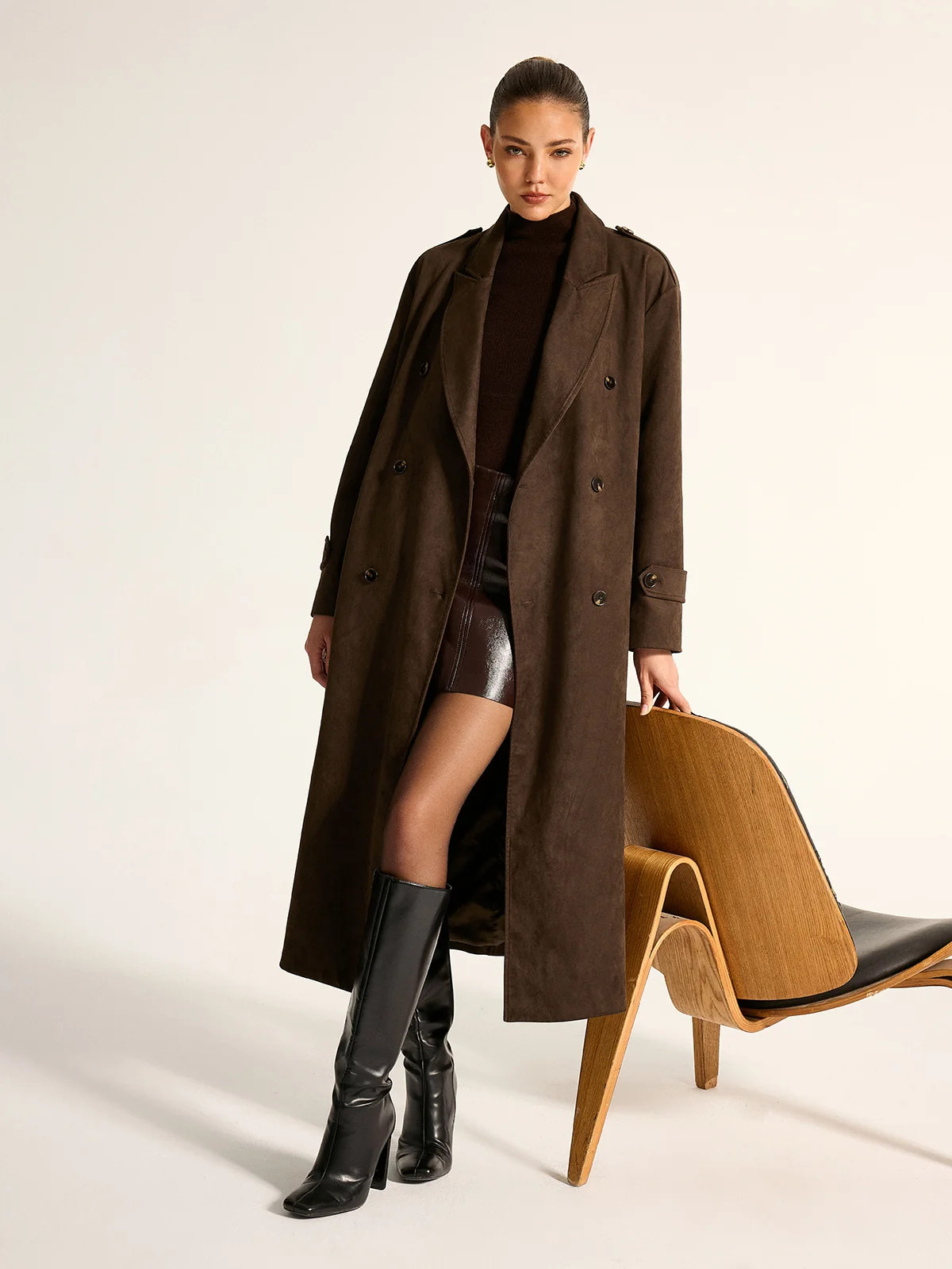 Suede Effect Belted Double‑Breasted Trench Coat | Commense