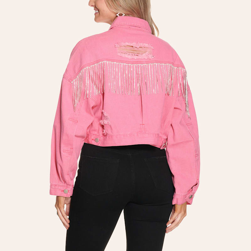 Blue B Women's Hot Pink Distressed Sparkle Fringed Crop Denim Jacket | Cavender's