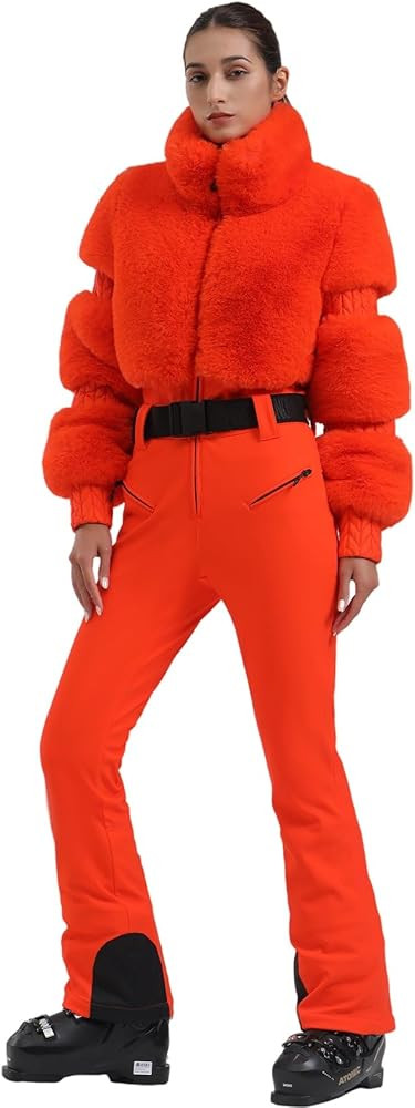 GSOU SNOW Women Ski Suit One Piece Snowsuit Snowboard Faux Fur Collar Slim Jumpsuit Jacket Insula... | Amazon (US)