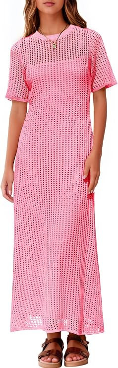 Fisoew Womens Swimsuit Cover Up Eyelet Dress Summer 2 Piece Hollow Out Maxi Dresses Vacation Beac... | Amazon (US)