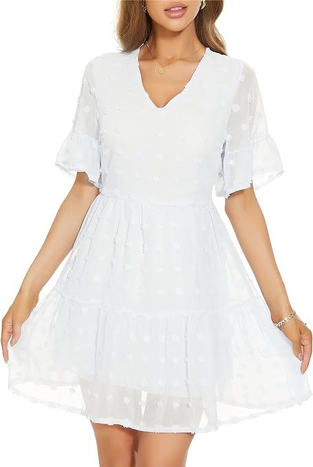 FANCYINN Cute Shift Tunic Dress Ruffle Swing Babydoll Juniors Mini Ruffle Dress with Pockets | Amazon (US)